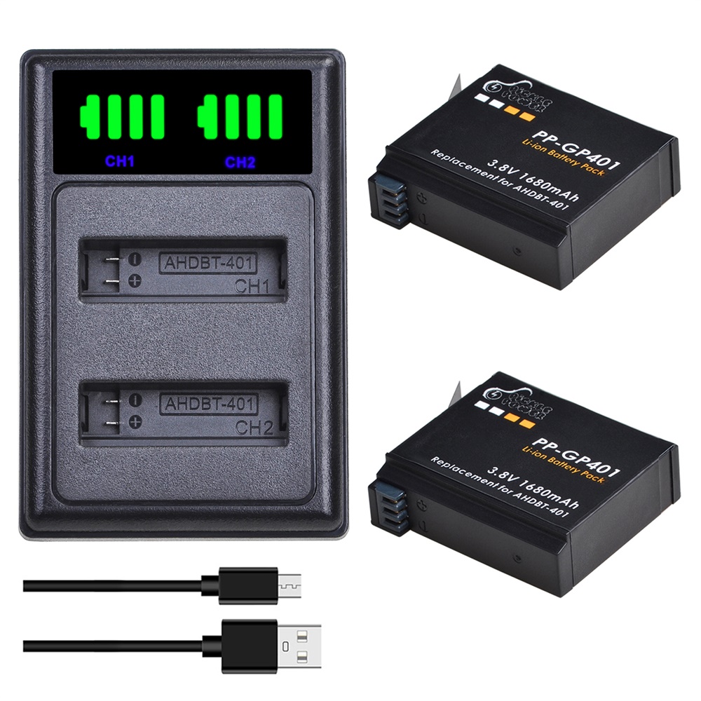 Action Camera Battery Charger Dual Pack - بطارية AHDBT-401 بقدرة 1680 مللي أمبير