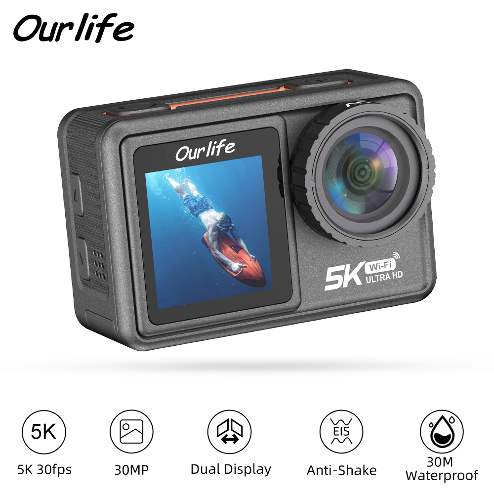Action Camera 4K 60Fps Dual Screen - كاميرا Ourlife Action 5K30FPS EIS 2.0