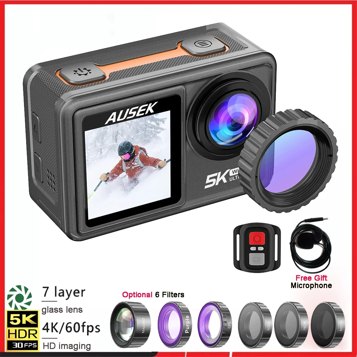 Action Camera 4K 60Fps Dual Screen - كاميرا رياضية مقاومة للماء مع فلتر