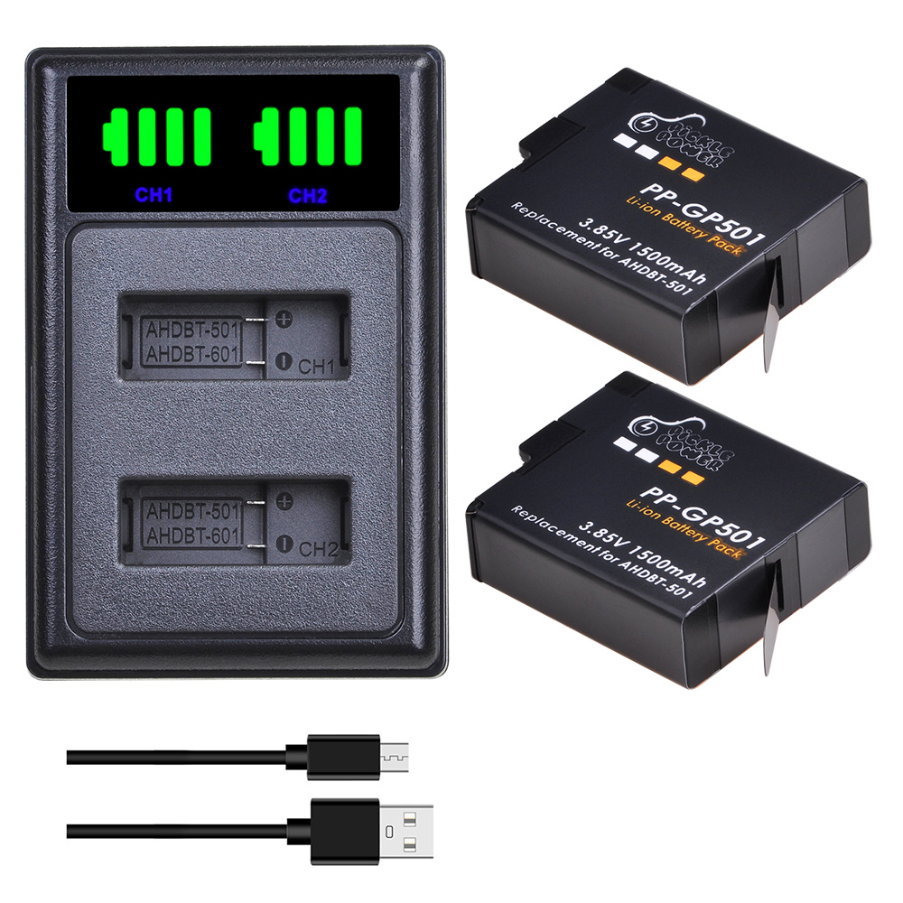 Action Camera Battery Charger Dual Pack - بطارية بديلة 1500 مللي أمبير AHDBT-501