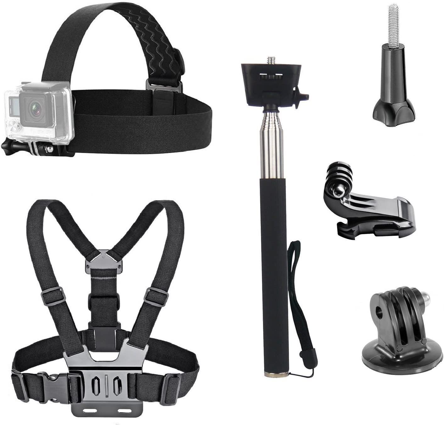 Action Camera Chest Strap Harness Mount - مجموعة إكسسوارات تشمل حزام رأس/حزام صدر/عصا