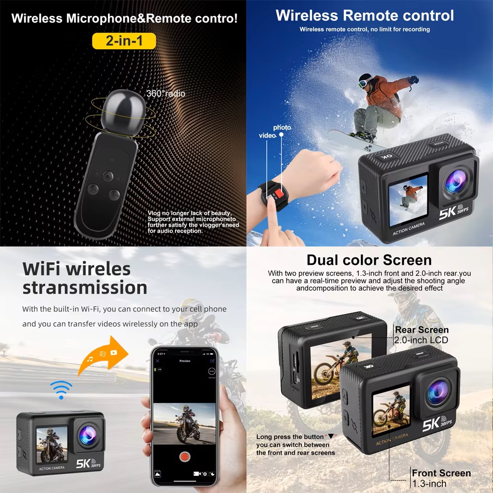 كاميرا الحركة 5K 4K60FPS EIS 4 - مراجعة Action Camera 4K 60Fps Dual Screen وسعره