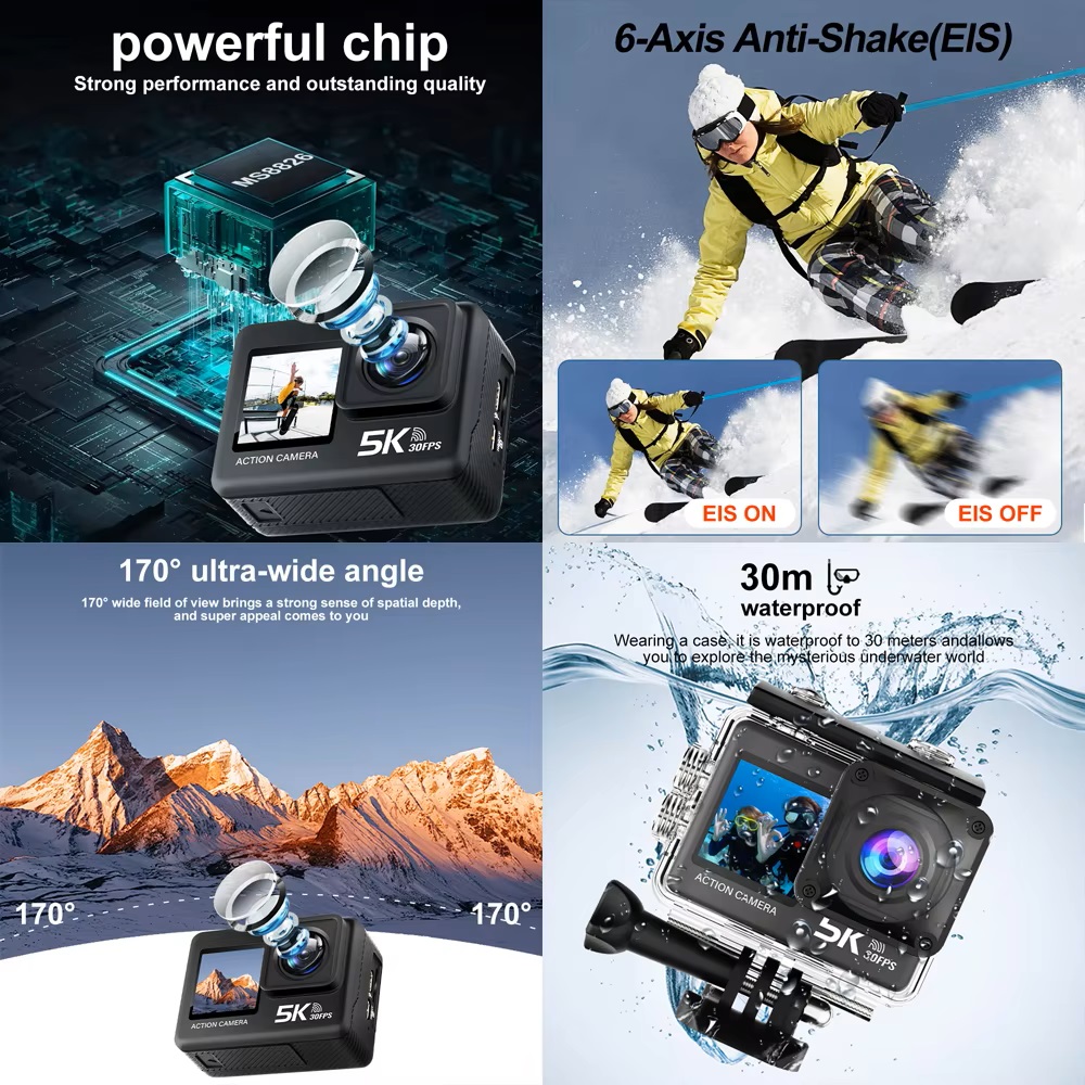 كاميرا الحركة 5K 4K60FPS EIS 4 - مراجعة Action Camera 4K 60Fps Dual Screen وسعره
