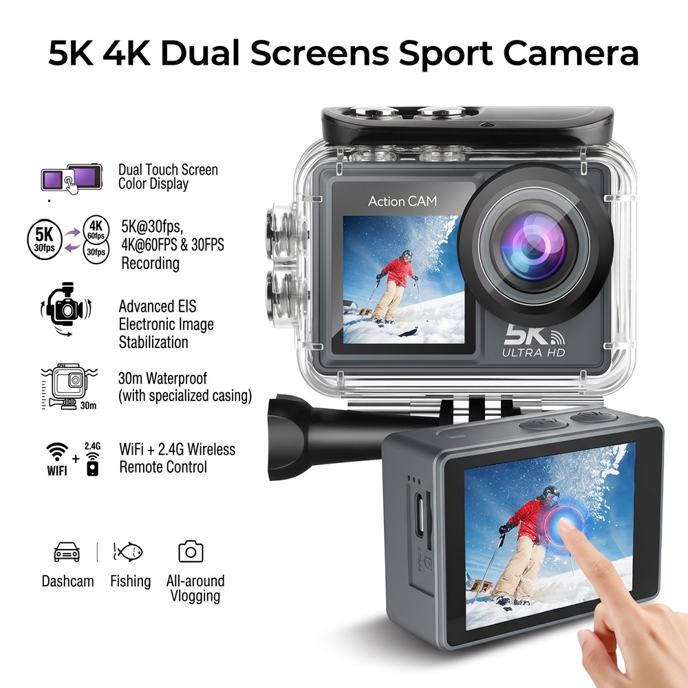 كاميرا أكشن فائقة الدقة 5K 4K  - مراجعة Action Camera 4K 60Fps Dual Screen وسعره