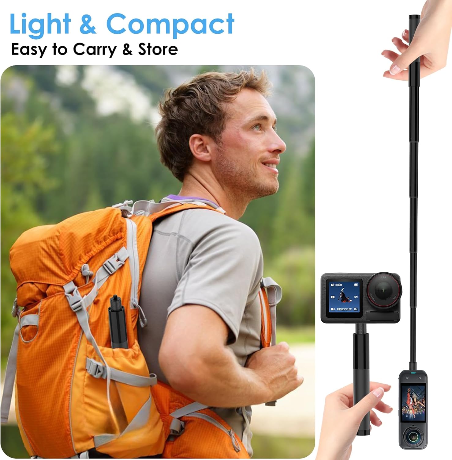 عصا سيلفي غير مرئية بطول 70 سم - مراجعة Action Camera Selfie Stick Invisible وسعره